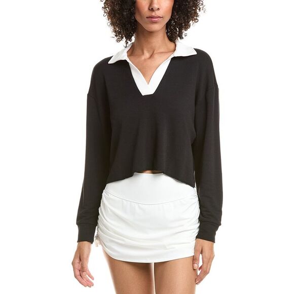 Splits59 Womens  Joan Fleece Polo Sweatshirt, Black - Picture 1 of 3